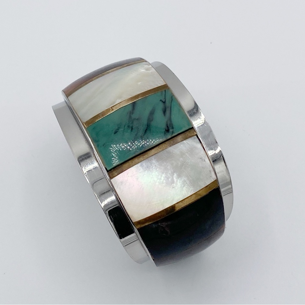 Vintage Cuff Bracelet Stainless Steel Mother of Pearl Horn Inlay Southwestern
